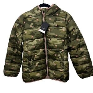 NWT Gap Kids Hooded Puffer Jacket Coat‎ Girls Large Primaloft Camo Pink Stars